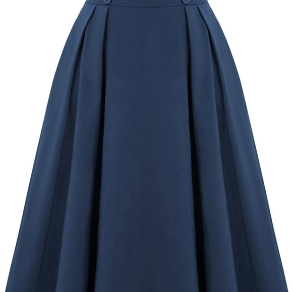 Blue Skirt Vintage High Waist Pleated Skirt with Pockets - Picture 2 of 7